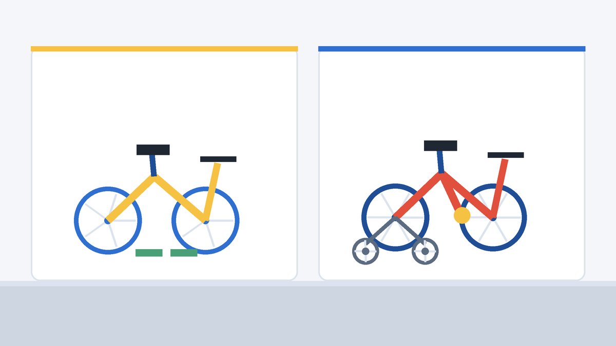 Una bici de equilibrio y una bici pequeña con ruedines, una junto a la otra