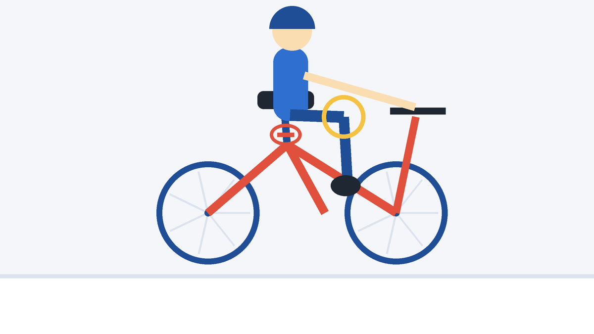 Vista lateral de un niño en una bici con las rodillas subiendo demasiado y la tija en su límite
